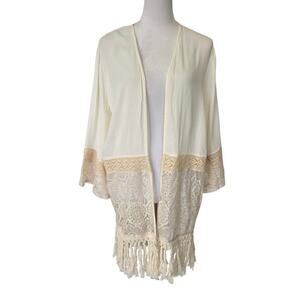 Maurices Boho Kimono Style Cardigan with Lace and Fringe Bell Sleeves Sz L